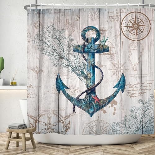 ASDCXZ Maritim Duschvorhang 180x200 cm, Vintage Holzmaserung Maritim Nautische Anker Kompass Bad Waschbar Duschvorhänge Polyester Textil Wasserdicht Badevorhang für Badewanne mit 12 Haken von ASDCXZ