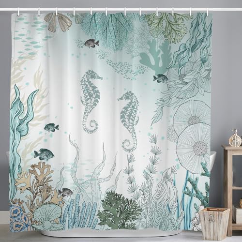 ASDCXZ Maritim Duschvorhang 240x180 cm, Blau Meerestiere Hippocampus Fisch Koralle Maritim Nautische Bad Waschbar Duschvorhänge Polyester Textil Wasserdicht Badevorhang für Badewanne mit 12 Haken von ASDCXZ