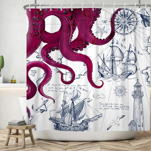 ASDCXZ Maritim Duschvorhang 240x180 cm, Rosenrot Oktopus Anker Kompass Segelboote Navigation Blau Bad Waschbar Duschvorhänge Polyester Textil Wasserdicht Duschvorhang für Badewanne mit 12 Haken von ASDCXZ