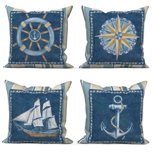 ASDCXZ Maritim Kissenbezug 45x45 cm 4er Set, Blau Beige Anker Kompass Segelboote Sofa Dekokissen Kissenbezüge Kissenhülle Waschbar Polyester Flachs Textil Outdoor Kopfkissenbezug Kissen Bezug von ASDCXZ