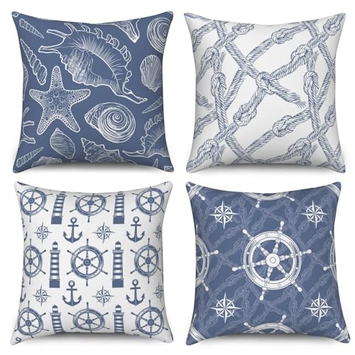 ASDCXZ Maritim Kissenbezug 45x45 cm 4er Set, Ozean Schale Anker Seekompass Blau Weiß Sofa Dekokissen Kissenbezüge Kissenhülle Waschbar Polyester Flachs Textil Outdoor Kopfkissenbezug Kissen Bezug von ASDCXZ