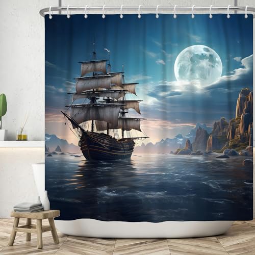 ASDCXZ Maritime Duschvorhang 90x180 cm, Mondlicht Nacht Ozean Abenteuer Segelboote Mond Bad Waschbar Duschvorhänge Badevorhang Polyester Textil Wasserdicht Duschvorhang für Badewanne mit 6 Haken von ASDCXZ