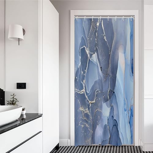 ASDCXZ Duschvorhang Blau Gold Marmor 120x180 cm, Modern Abstrakt Blau Gold Weiß Marmor Optik Textur Waschbar Bad Duschvorhänge Polyester Textil Wasserdicht Duschvorhang für Badewanne mit 8 Hake von ASDCXZ