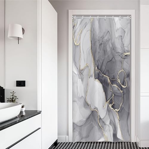 ASDCXZ Marmor Duschvorhang 120x180 cm, Modern Abstrakt Grau Gold Weiß Marmor Optik Textur Waschbar Bad Duschvorhänge Polyester Textil Wasserdicht Duschvorhang für Badewanne mit 8 Haken von ASDCXZ
