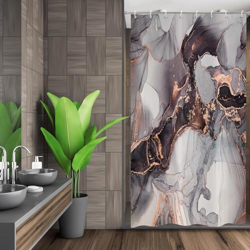 ASDCXZ Marmor Duschvorhang 120x180 cm, Modern Abstrakt Kunst Schwarz Gold Grey Marmor Optik Textur Bad Waschbar Duschvorhänge Polyester Textil Wasserdicht Badevorhang für Badewanne mit 8 Haken von ASDCXZ