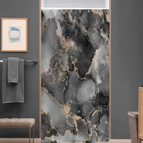 ASDCXZ Marmor Duschvorhang 120x180 cm, Modern Abstrakt Schwarz Gold Grau Marmor Optik Textur Waschbar Bad Duschvorhänge Polyester Textil Wasserdicht Duschvorhang für Badewanne mit 8 Haken von ASDCXZ