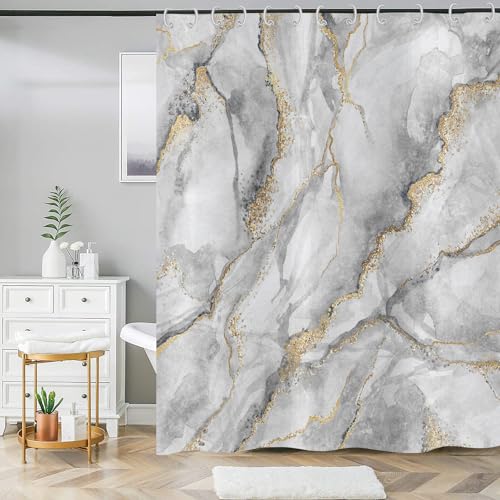 ASDCXZ Marmor Duschvorhang 150x180 cm, Modern Abstrakt Grey Weiß Gold Marmor Optik Textur Bunt Bad Waschbar Duschvorhänge Polyester Textil Wasserdicht Badevorhang für Badewanne mit 12 Haken von ASDCXZ