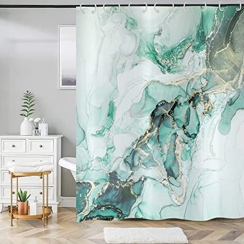 ASDCXZ Marmor Duschvorhang 150x180 cm, Modern Abstrakt Türkis Weiß Gold Natur Marmor Optik Textur Bad Waschbar Duschvorhänge Polyester Textil Wasserdicht Badevorhang für Badewanne mit 12 Haken von ASDCXZ