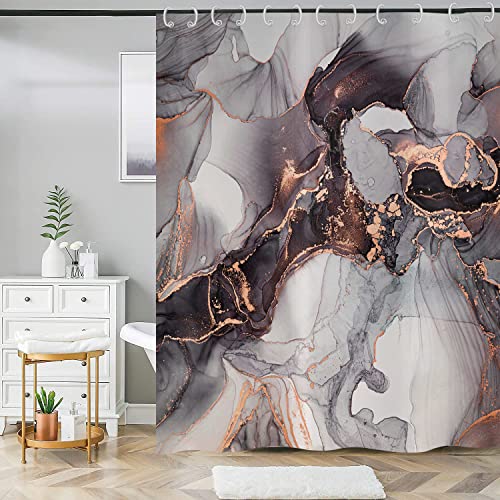 ASDCXZ Marmor Duschvorhang 165x180 cm, Modern Abstrakt Kunst Schwarz Gold Grey Marmor Optik Textur Bad Waschbar Duschvorhänge Polyester Textil Wasserdicht Badevorhang für Badewanne mit 12 Haken von ASDCXZ