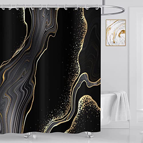 ASDCXZ Marmor Duschvorhang Schwarz Gold 180x180 cm, Modern Abstrakt Schwarz Gold Marmor Optik Textur Waschbar Bad Duschvorhänge Polyester Textil Wasserdicht Duschvorhang für Badewanne mit 12 Hake von ASDCXZ