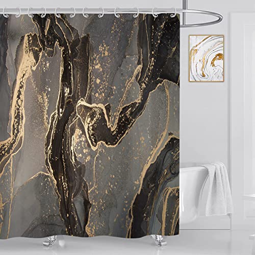 ASDCXZ Marmor Duschvorhang Schwarz Gold 180x180 cm, Modern Abstrakt Grau Schwarz Gold Marmor Optik Waschbar Bad Duschvorhänge Polyester Textil Wasserdicht Duschvorhang für Badewanne mit 12 Hake von ASDCXZ