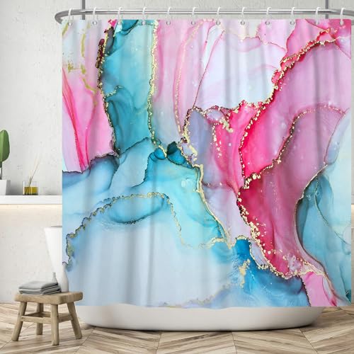 ASDCXZ Marmor Duschvorhang 180x200 cm, Modern Abstrakt Blau Rosenrot Gold Marmor Optik Textur Waschbar Bad Duschvorhänge Polyester Textil Wasserdicht Duschvorhang für Badewanne mit 12 Haken von ASDCXZ