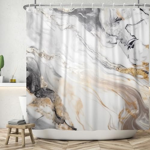 ASDCXZ Marmor Duschvorhang 180x200 cm, Modern Abstrakt Grau Gold Weiß Braun Marmor Optik Textur Waschbar Bad Duschvorhänge Polyester Textil Wasserdicht Duschvorhang für Badewanne mit 12 Haken von ASDCXZ