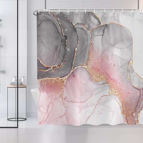 ASDCXZ Marmor Duschvorhang 180x200 cm, Modern Abstrakt Grey Weiß Rose Gold Marmor Optik Textur Bunt Bad Waschbar Duschvorhänge Polyester Textil Wasserdicht Badevorhang für Badewanne mit 12 Haken von ASDCXZ