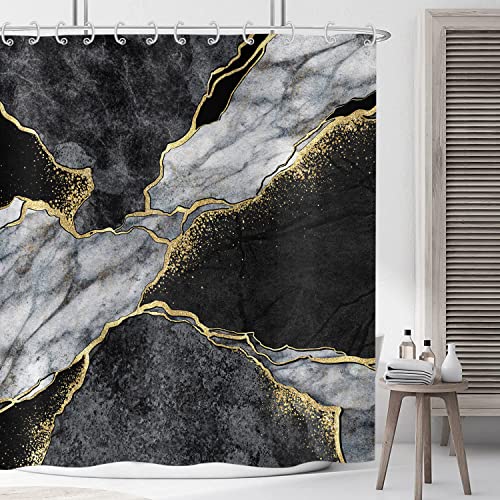 ASDCXZ Marmor Duschvorhang 180x240 cm, Modern Schwarz Grau Gold Natur Marmor Optik Textur Bad Waschbar Duschvorhänge Polyester Textil Wasserdicht Badevorhang für Badewanne mit 12 Haken von ASDCXZ