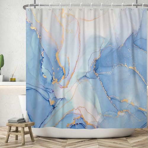 ASDCXZ Marmor Duschvorhang 240x180 cm, Modern Abstrakt Blau Weiß Gold Marmor Optik Textur Waschbar Bad Duschvorhänge Polyester Textil Wasserdicht Duschvorhang für Badewanne mit 12 Haken von ASDCXZ