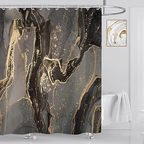 ASDCXZ Marmor Duschvorhang 240x180 cm, Modern Abstrakt Grau Schwarz Gold Marmor Optik Textur Bad Waschbar Duschvorhänge Polyester Textil Wasserdicht Badevorhang für Badewanne mit 12 Haken von ASDCXZ