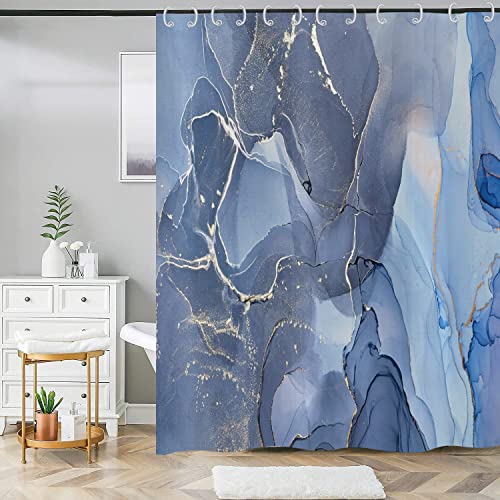 ASDCXZ Marmor Duschvorhang 240x180 cm (BxL), Modern Abstrakt Blau Gold Weiß Marmor Optik Textur Waschbar Duschvorhänge Polyester Textil Wasserdicht Duschvorhang für Badewanne mit 12 Haken von ASDCXZ