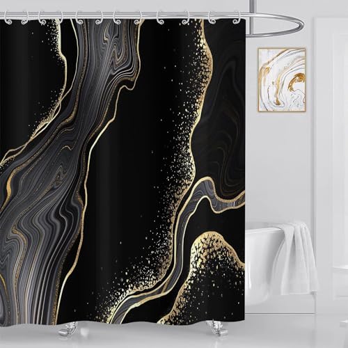 ASDCXZ Marmor Duschvorhang 240x180 cm (BxL), Modern Abstrakt Schwarz Gold Marmor Optik Textur Waschbar Duschvorhänge Polyester Textil Wasserdicht Duschvorhang für Badewanne mit 12 Haken von ASDCXZ