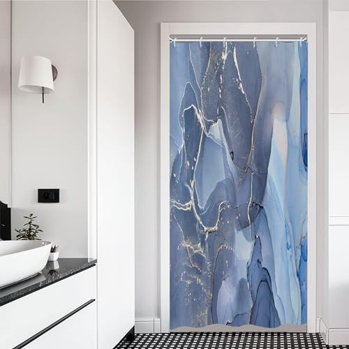 ASDCXZ Duschvorhang Blau Gold Marmor 90x180 cm, Modern Abstrakt Blau Gold Weiß Marmor Optik Textur Waschbar Bad Duschvorhänge Polyester Textil Wasserdicht Duschvorhang für Badewanne mit 6 Hake von ASDCXZ