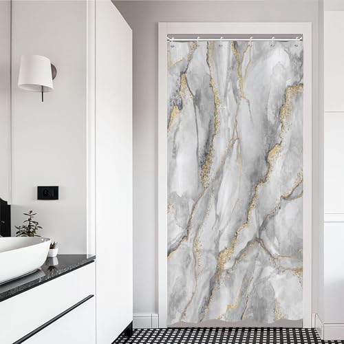 ASDCXZ Marmor Duschvorhang 90x180 cm, Modern Abstrakt Grey Weiß Gold Marmor Optik Textur Bunt Bad Waschbar Duschvorhänge Polyester Textil Wasserdicht Badevorhang für Badewanne mit 6 Haken von ASDCXZ