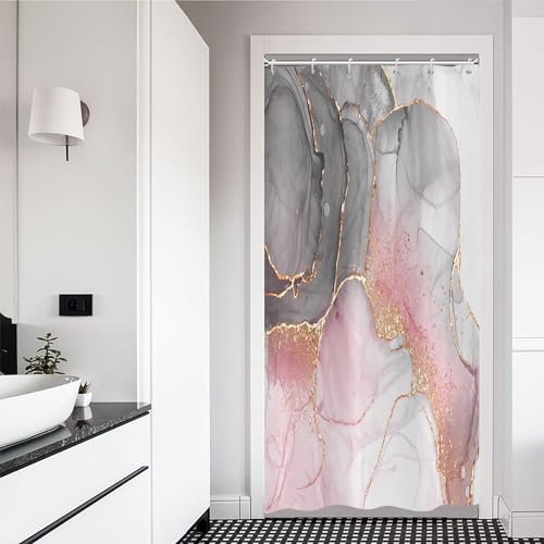 ASDCXZ Marmor Duschvorhang 90x180 cm, Modern Abstrakt Grey Weiß Rose Gold Marmor Optik Textur Bunt Bad Waschbar Duschvorhänge Polyester Textil Wasserdicht Badevorhang für Badewanne mit 6 Haken von ASDCXZ