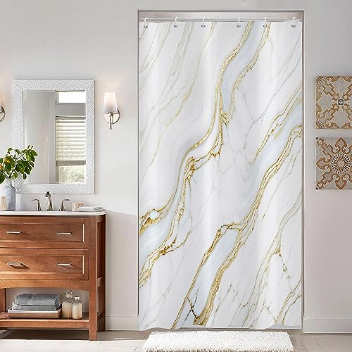 ASDCXZ Marmor Duschvorhang 90x180 cm, Modern Abstrakt Weiß Gold Marmor Textur Bad Waschbar Schmal Duschvorhänge mit ösen Polyester Textil Wasserdicht Duschvorhang für Badewanne mit 6 Haken von ASDCXZ