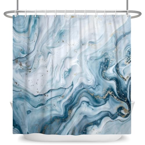 ASDCXZ Marmor Duschvorhang Blau 90x180 cm, Modern Abstrakt Blau Weiß Gold Verlauf Marmor Optik Textur Waschbar Bad Duschvorhänge Polyester Textil Wasserdicht Duschvorhang für Badewanne mit 6 Haken von ASDCXZ