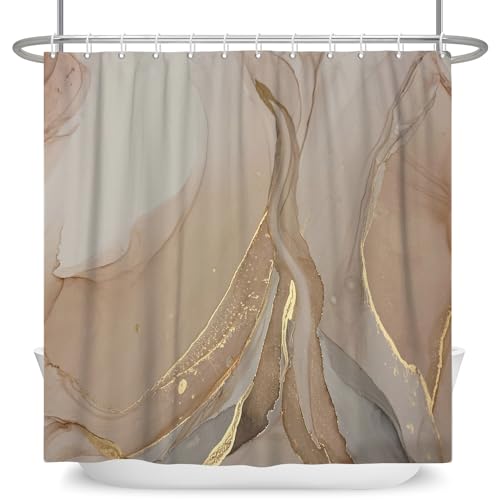 ASDCXZ Marmor Duschvorhang Braun 165x180 cm, Modern Abstrakt Braun Greu Gold Marmor Optik Textur Waschbar Bad Duschvorhänge Polyester Textil Wasserdicht Duschvorhang für Badewanne mit 12 Haken von ASDCXZ