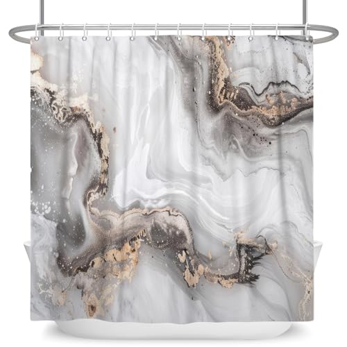 ASDCXZ Marmor Duschvorhang Grau 180x200 cm, Modern Abstrakt Grau Weiß Gold Verlauf Marmor Optik Textur Waschbar Bad Duschvorhänge Polyester Textil Wasserdicht Duschvorhang für Badewanne mit 12 Haken von ASDCXZ