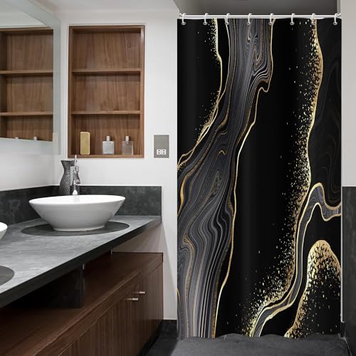 ASDCXZ Marmor Duschvorhang Schwarz Gold 120x180 cm, Modern Abstrakt Schwarz Gold Marmor Optik Textur Waschbar Bad Duschvorhänge Polyester Textil Wasserdicht Duschvorhang für Badewanne mit 8 Hake von ASDCXZ