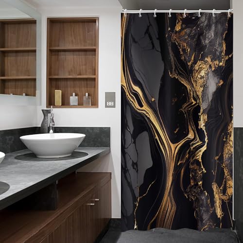 ASDCXZ Marmor Duschvorhang Schwarz Gold 120x180 cm, Modern Abstrakt Schwarz Gold Marmor Optik Textur Waschbar Bad Duschvorhänge Polyester Textil Wasserdicht Duschvorhang für Badewanne mit 8 Hake von ASDCXZ