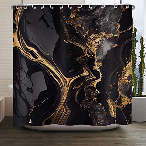 ASDCXZ Marmor Duschvorhang Schwarz Gold 150x180 cm, Modern Abstrakt Schwarz Gold Marmor Optik Textur Waschbar Bad Duschvorhänge Polyester Textil Wasserdicht Duschvorhang für Badewanne mit 12 Hake von ASDCXZ