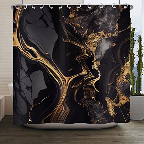 ASDCXZ Marmor Duschvorhang Schwarz Gold 180x240 cm, Modern Abstrakt Schwarz Gold Marmor Optik Textur Waschbar Bad Duschvorhänge Polyester Textil Wasserdicht Duschvorhang für Badewanne mit 12 Hake von ASDCXZ