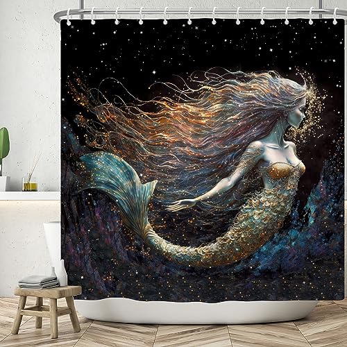 ASDCXZ Meerjungfrau Duschvorhang 240x180 cm (BXL), Modern Kunst Glitzer Meerjungfrau Bad Waschbar Duschvorhänge Polyester Textil Wasserdicht Badevorhang für Badewanne mit 12 Haken von ASDCXZ