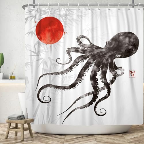 ASDCXZ Oktopus Duschvorhang 90x180 cm, Chinesische Tintenmalerei Schwarz Oktopus Rot Sonne Bambus Bad Waschbar Duschvorhänge Polyester Textil Wasserdicht Duschvorhang für Badewanne mit 6 Haken von ASDCXZ