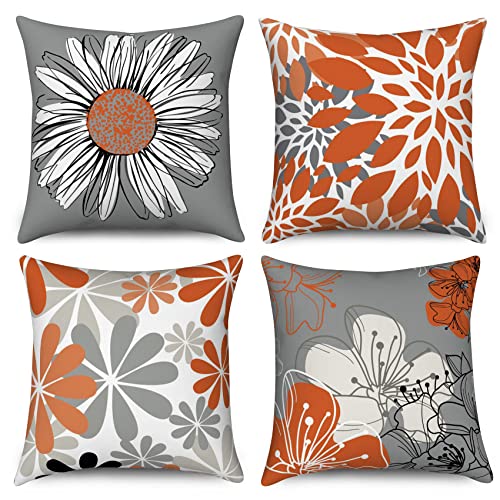 ASDCXZ Orange Kissenbezug 40x40 cm 4er Set, Nordeuropa Modern Blumen Orange Grau Sofa Dekokissen Kissenbezüge Kissenhülle Waschbar Polyester Leinen Textil Polster Kopfkissenbezug Kissen Bezug von ASDCXZ