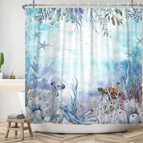 ASDCXZ Ozean Duschvorhang 180x200 cm, Aquarell Blau Unterwasserwelt Schildkröte Quallen Oktopus Koralle Bad Waschbar Duschvorhänge Polyester Textil Wasserdicht Duschvorhang für Badewanne mit 12 Haken von ASDCXZ