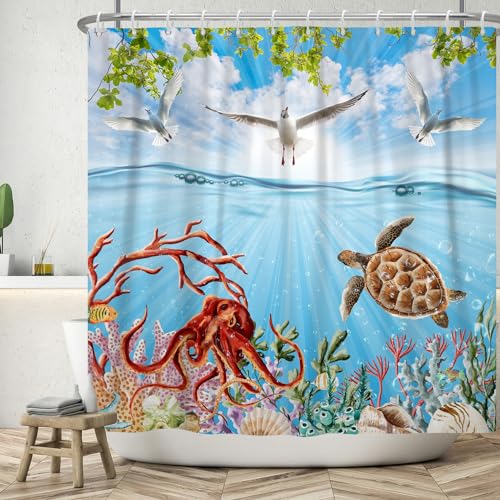 ASDCXZ Ozean Duschvorhang 180x200 cm, Blau Ozean Meeresorganismen Schildkröte Oktopus Möwe Blätter Bad Waschbar Duschvorhänge Polyester Textil Wasserdicht Badevorhang für Badewanne mit 12 Haken von ASDCXZ