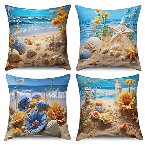 ASDCXZ Ozean Kissenbezug 50x50 cm 4er Set, Strand Schale Seesterne Blau Gelb Blume Sofa Dekokissen Kissenbezüge Kissenhülle Waschbar Polyester Leinen Textil Polster Kopfkissenbezug Kissen Bezug von ASDCXZ