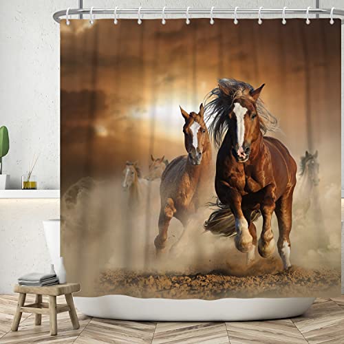 ASDCXZ Pferd Duschvorhang 240x180 cm, Vintage Braun Eine Herde Pferde Läuft Waschbar Bad Duschvorhänge Polyester Textil Wasserdicht Duschvorhang für Badewanne mit 12 Haken von ASDCXZ