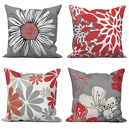 ASDCXZ Rot Kissenbezug 45x45 cm 4er Set, Nordeuropa Modern Blumen Rot Grau Sofa Dekokissen Kissenbezüge Kissenhülle Waschbar Polyester Leinen Textil Polster Kopfkissenbezug Kissen Bezug von ASDCXZ