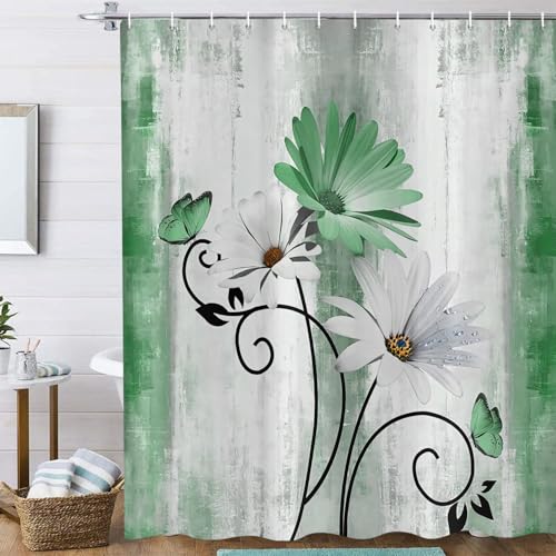 ASDCXZ Rustikal Bauernhaus Duschvorhang 180x200 cm, Vintage Bauernhof Grün Gänseblümchen Blumen Schmetterling Wasserdicht Badvorhang Polyester Textil Waschbar Duschvorhänge für Badewanne mit 12 Haken von ASDCXZ