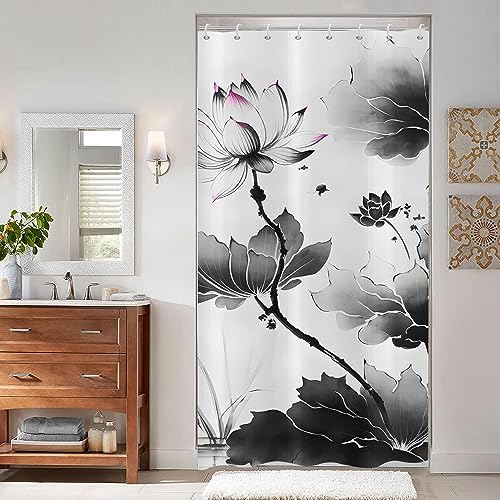 ASDCXZ Schmal Duschvorhang 120x180 cm, Modern Kunst Lotus Lotusblatt Landschaftsmalerei Grau Bad Waschbar Duschvorhänge mit ösen Polyester Textil Wasserdicht Duschvorhang für Badewanne mit 8 Haken von ASDCXZ