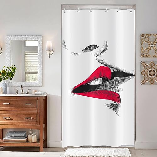 ASDCXZ Schmal Duschvorhang 90x180 cm, Modern Kunst Skizze Sexy Rot Lippe Kiss Weiß Bad Waschbar Schmal Duschvorhänge mit ösen Polyester Textil Wasserdicht Duschvorhang für Badewanne mit 6 Haken von ASDCXZ