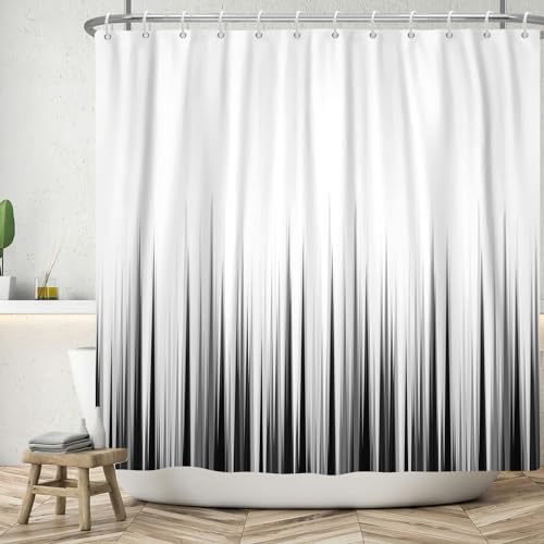 ASDCXZ Schwarz Weiss Duschvorhang 90x180 cm, Modern Einfachheit Schwarz Weiß Verlauf Waschbar Bad Duschvorhänge Polyester Textil Wasserdicht Duschvorhang für Badewanne mit 6 Haken von ASDCXZ