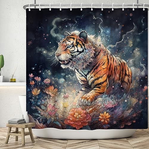 ASDCXZ Tiger Duschvorhang 120x200 cm, Kunst Aquarell Dominant Tiger Tier Rose Bunt Blumen Bad Waschbar Duschvorhänge Polyester Textil Wasserdicht Badevorhang für Badewanne mit 8 Haken von ASDCXZ