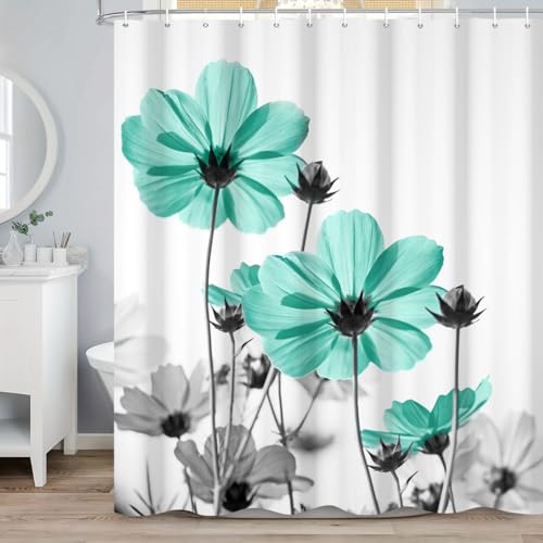 ASDCXZ Türkis Blumen Duschvorhang 180x180 cm, Aquarell Türkis Grau Gänseblümchen Blume Rustikal Bauernhaus Wasserdicht Badvorhang Polyester Textil Waschbar Duschvorhänge für Badewanne mit 12 Haken von ASDCXZ