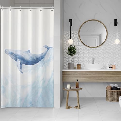 ASDCXZ Wal Duschvorhang 120x200 cm, Modern Kunst Aquarell Blau Wal Ozean Tier Weiß Bad Waschbar Schmal Duschvorhänge Polyester Textil Wasserdicht Duschvorhang für Badewanne mit 8 Haken von ASDCXZ