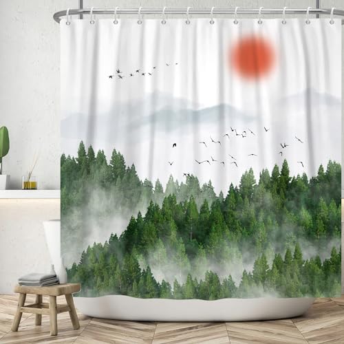 ASDCXZ Wald Duschvorhang 180x180 cm, Frühling Grün Nebel Wald Dschungel Vögel Sonne Berge Bad Waschbar Duschvorhänge Badevorhang Polyester Textil Wasserdicht Duschvorhang für Badewanne mit 12 Haken von ASDCXZ